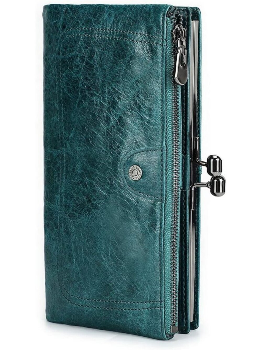 Vintage Full Grain Leather Kiss Lock Wallet for Women - RFID Bifold Coin Purse